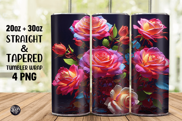 3D Neon Rose Flowers Tumbler Design Wrap Graphics