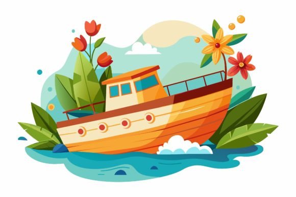 Motorboat Cartoon with Flowers on a Graphics for Local Branding