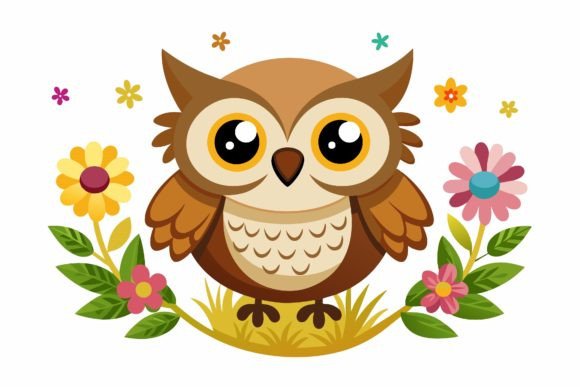 Owl Bird Cartoon with Flowers on a Graphics for Digital Sellers