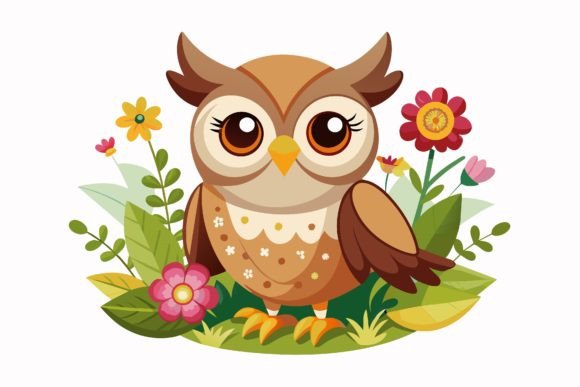 Owls Bird Cartoon with Flowers on a Graphics for Local Brands