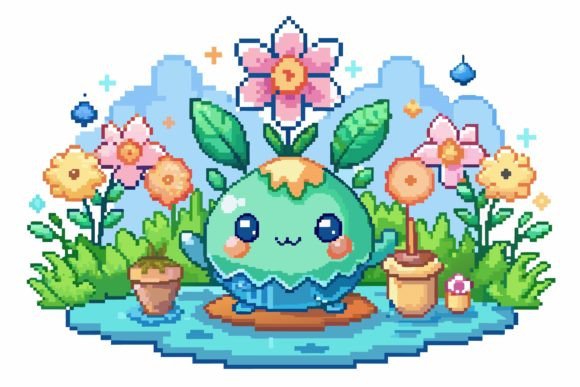 Pixel Cartoon with Flowers on a Background Graphics
