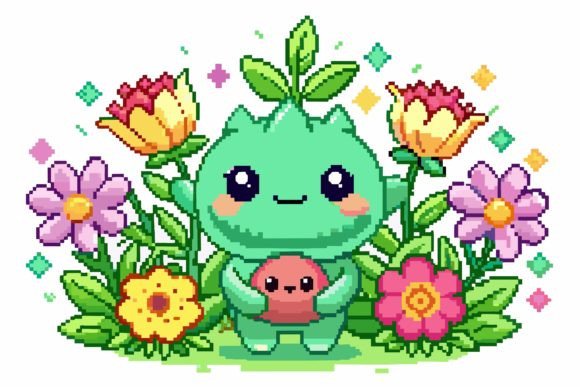 Pixels Cartoon with Flowers on a Background Graphics