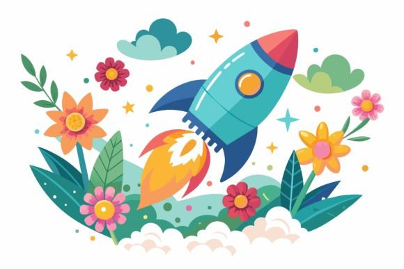 Rocket Sky with Flowers on a Background Graphics