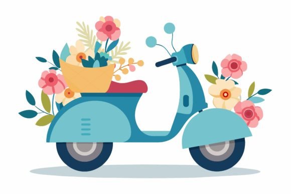 Scooter Cartoon with Flowers on a Graphics for Branding