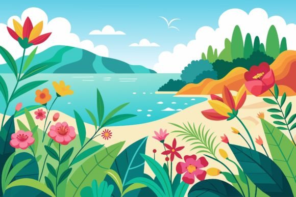 Sea with Flowers on a Background Graphics