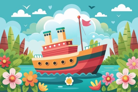 Ship Cartoon with Flowers on a Backgrounds Graphics