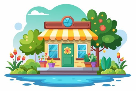 Shop Cartoon with Flowers on a Background Graphics