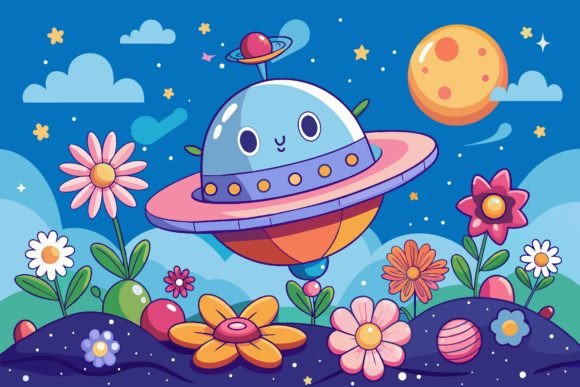 Spaceship Sky Cartoon with Flowers on a Graphics for Local Branding