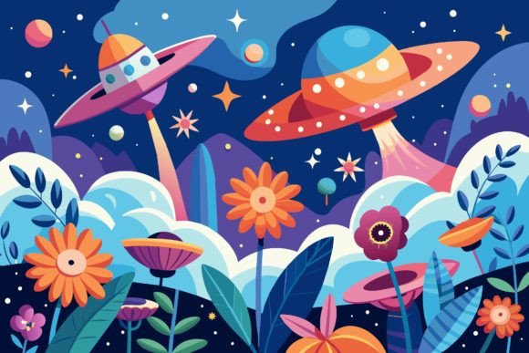 Spaceships Sky with Flowers on a Background Graphics
