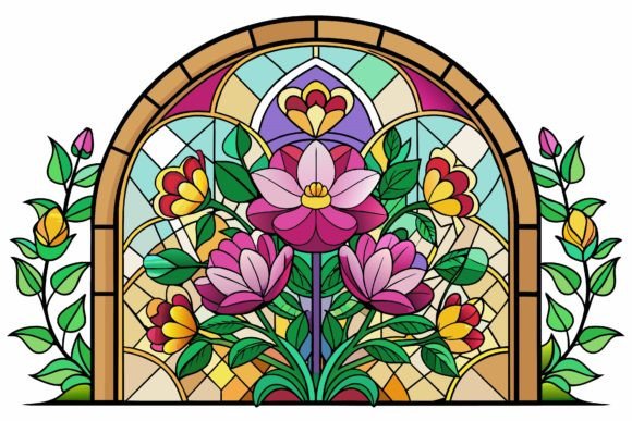 Stained Glass with Flowers on a Background Graphics