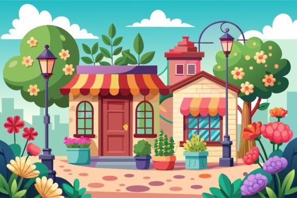 Street Cartoon with Flowers on a Background Graphics