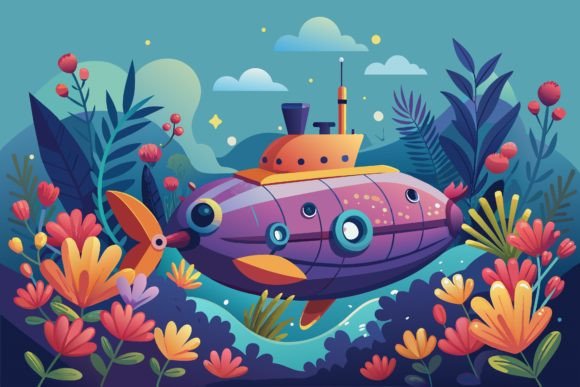 Submarine with Flowers on a Backgrounds Graphics