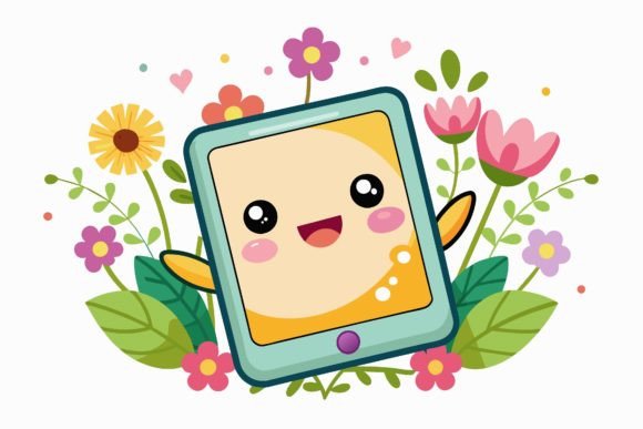 Tablet Cartoon with Flowers on a Background