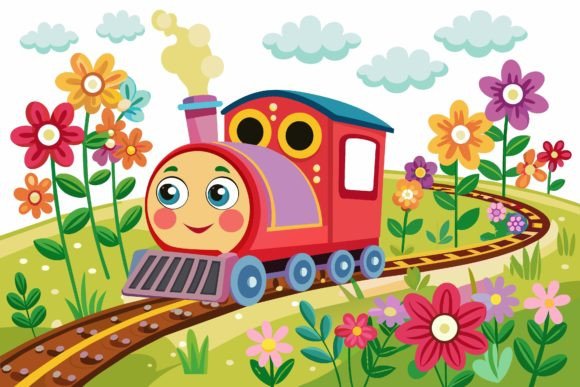 Train Road Cartoon with Flowers on a Graphics for Crafting