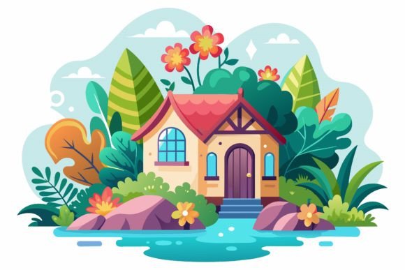 Travel House with Flowers on a Background Graphics