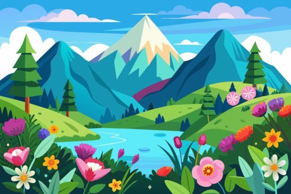 Travel Mountain with Flowers on a Background