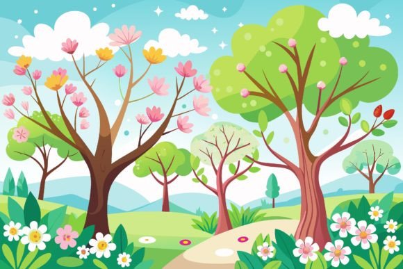 Trees with Flowers on a Background Graphics