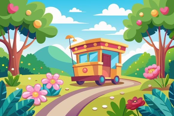 Trolley Road Cartoon with Flowers on a B