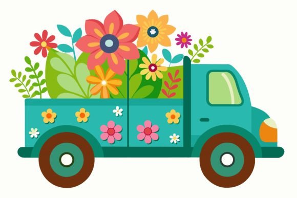 Truck Cartoon with Flowers on a Background