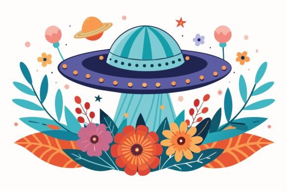 Ufo Sky with Flowers on a Backgro Graphics