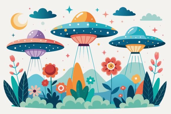 Ufos Sky with Flowers on a Backgrounds Graphics