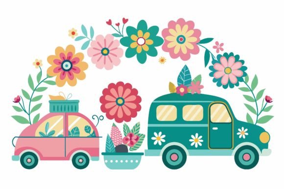 Vehicles with Flowers on a Background