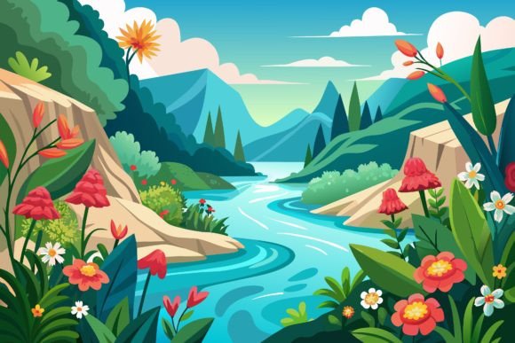 View with Flowers on a Background Graphics
