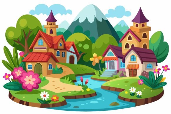 Village Cartoon with Flowers on a Graphics