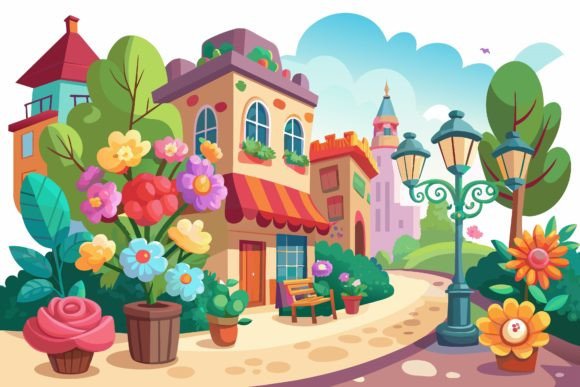 Villages Cartoon with Flowers on a Graphics