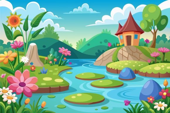 Water Cartoon with Flowers Graphics