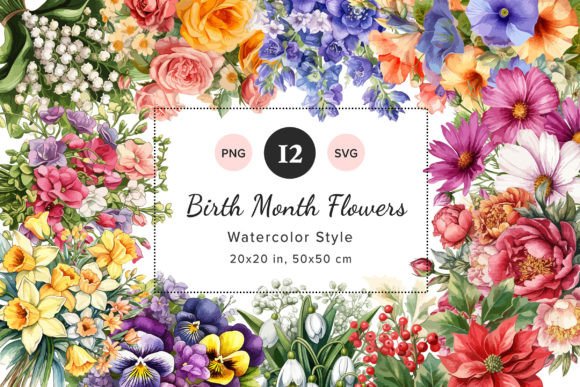 Watercolor Birth Flowers Graphics for Branding and Marketing