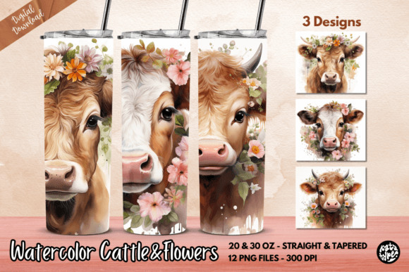 Watercolor Cattle Flowers Tumbler Wrap Graphics for Crafts