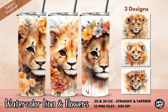 Watercolor Lion Flowers Tumbler Wrap Graphics for Crafts