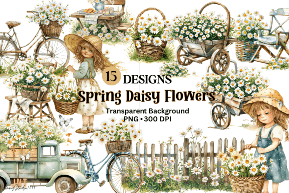 Watercolor Spring Daisy Flowers Graphics